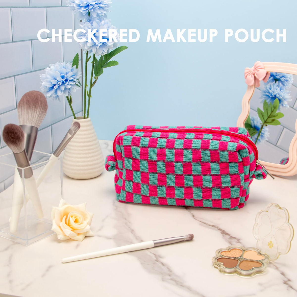 PAZIMIIK Checkered Makeup Bag open with cosmetics inside