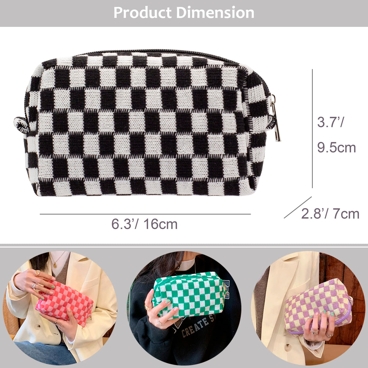 PAZIMIIK Checkered Makeup Bag open with cosmetics inside