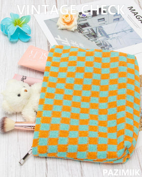PAZIMIIK Checkered Makeup Bag open with cosmetics inside