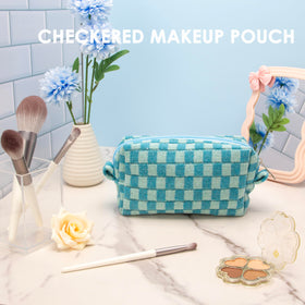PAZIMIIK Checkered Makeup Bag opened displaying contents