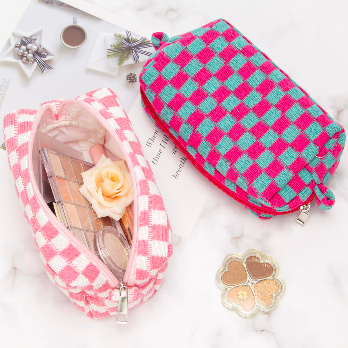 PAZIMIIK Checkered Makeup Bag packed for travel