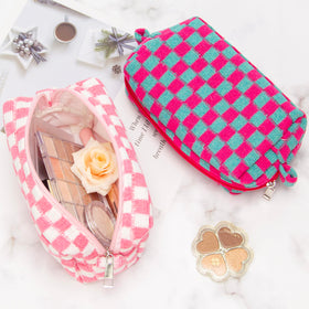PAZIMIIK Checkered Makeup Bag packed for travel