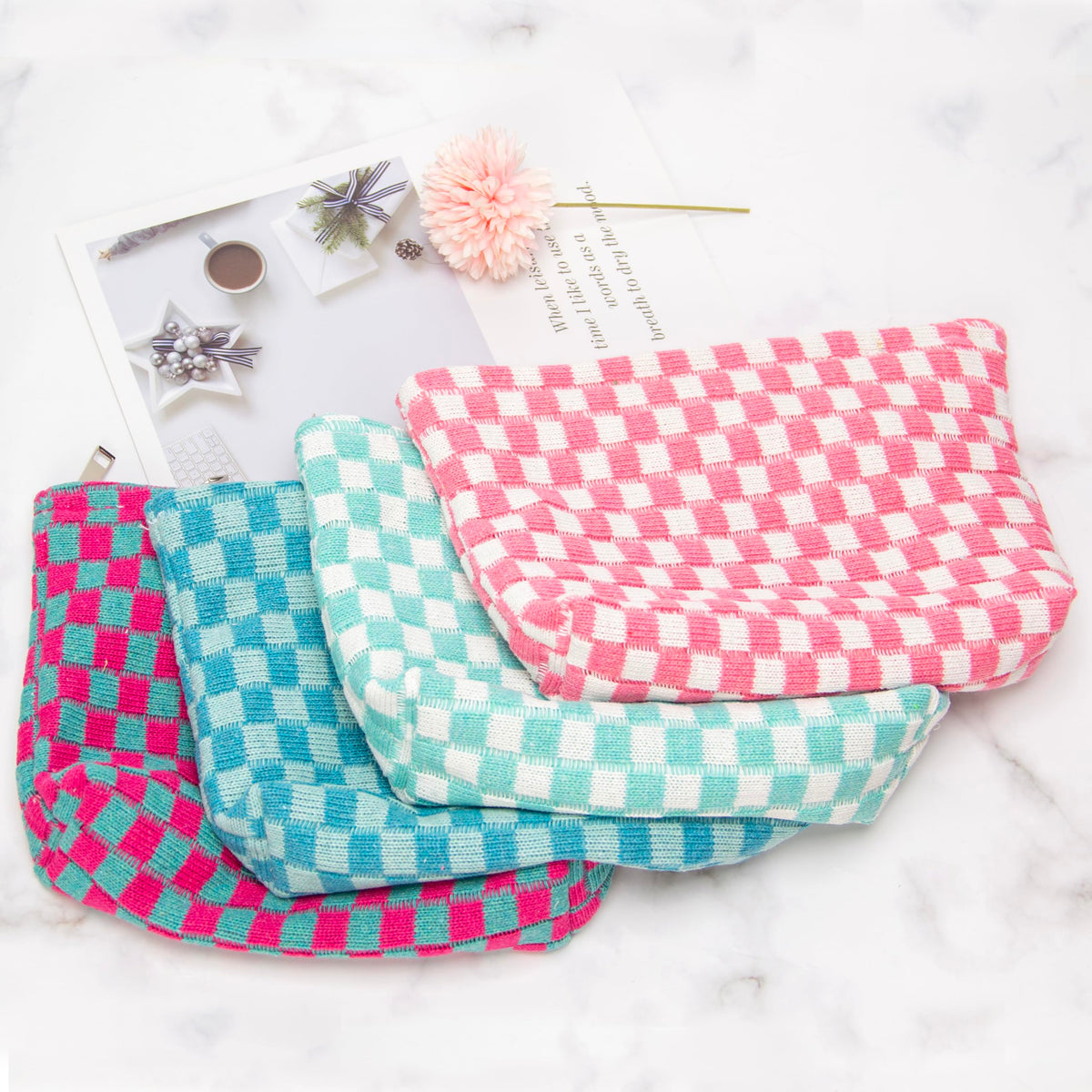 PAZIMIIK Checkered Makeup Bag packed with cosmetics