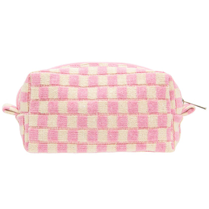 PAZIMIIK Checkered Makeup Bag Pink Beige front view