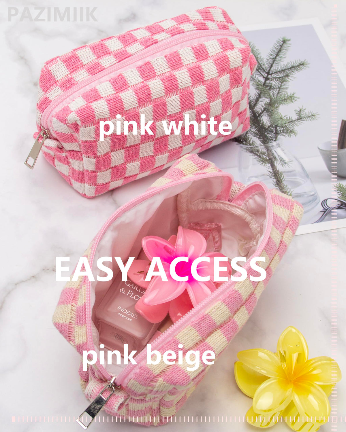 PAZIMIIK Checkered Makeup Bag Pink Beige inside view