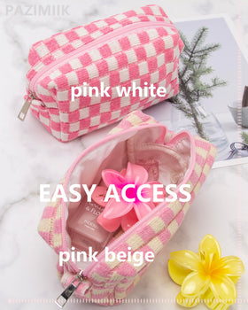 PAZIMIIK Checkered Makeup Bag Pink Beige inside view