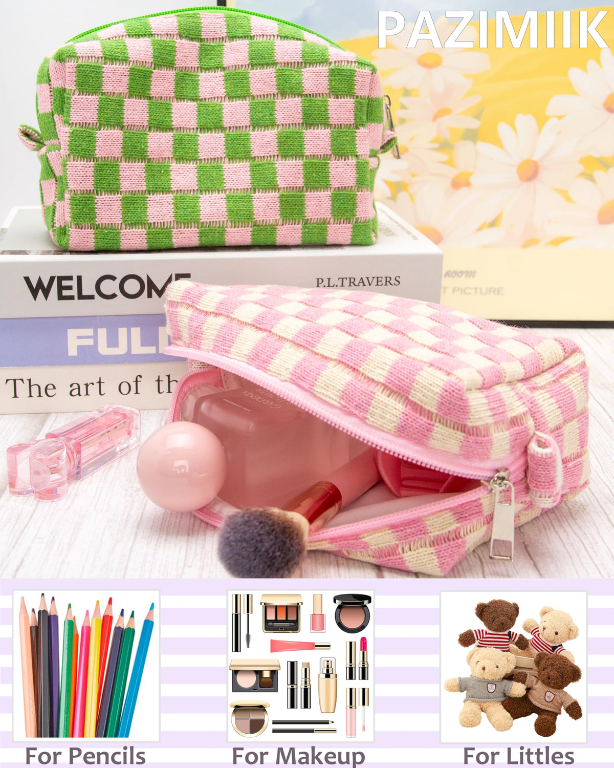 PAZIMIIK Checkered Makeup Bag Pink Beige open with cosmetics
