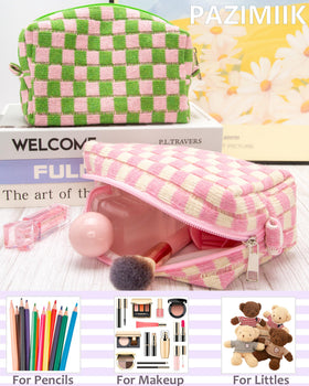 PAZIMIIK Checkered Makeup Bag Pink Beige open with cosmetics
