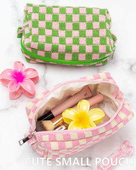 PAZIMIIK Checkered Makeup Bag Pink Beige packaging