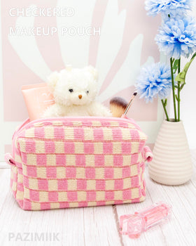 PAZIMIIK Checkered Makeup Bag Pink Beige side view