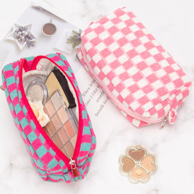 PAZIMIIK Checkered Makeup Bag shown with daily essentials