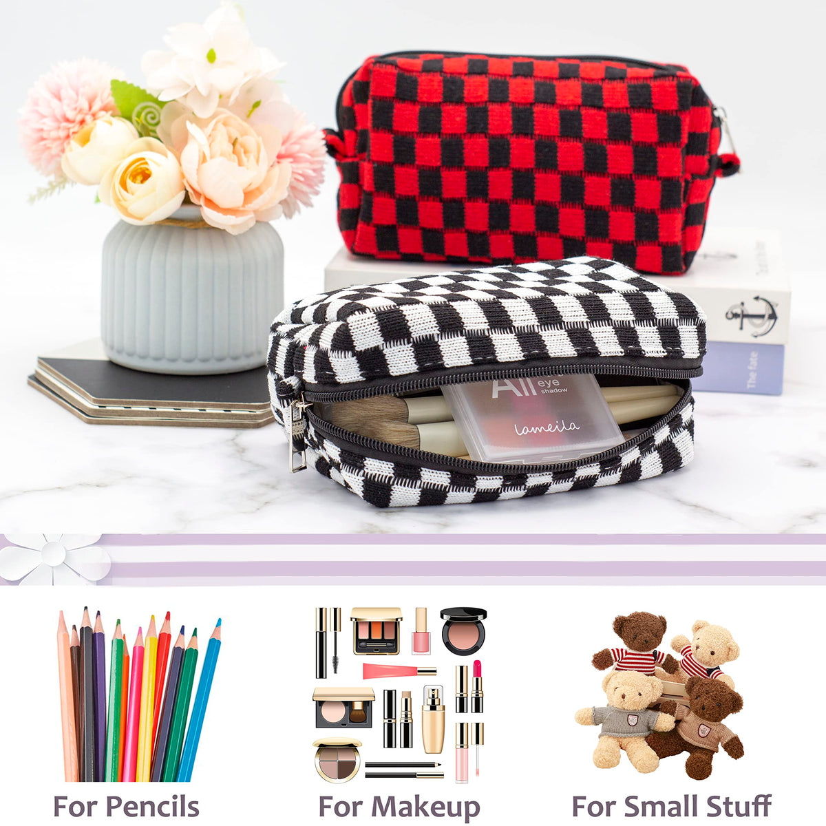 PAZIMIIK Checkered Makeup Bag side view showing size