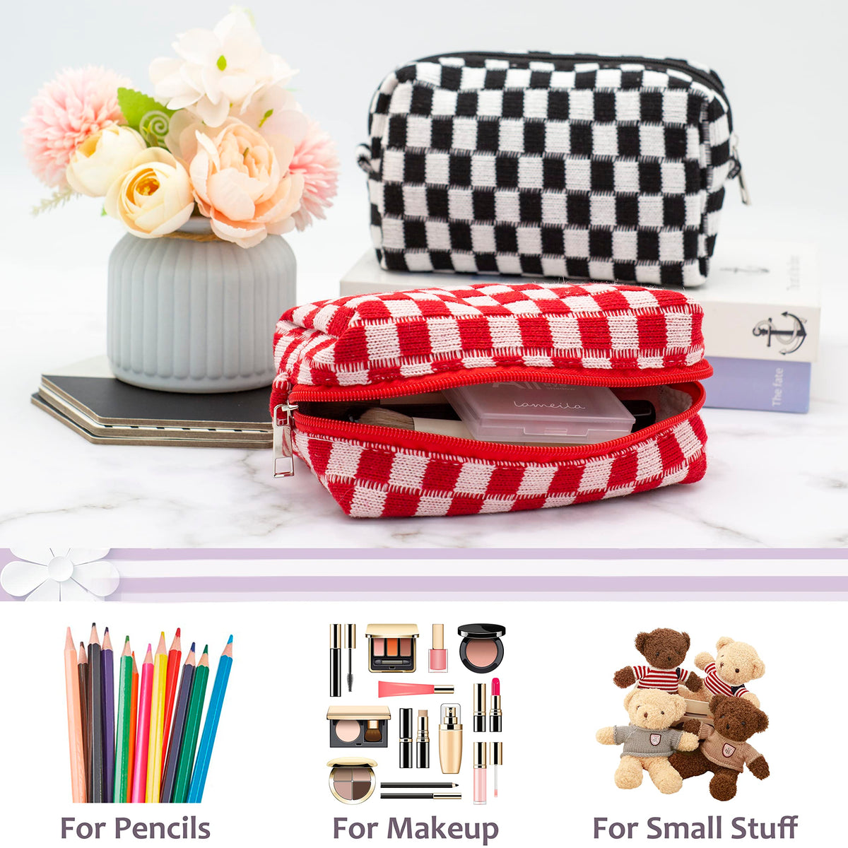 PAZIMIIK Checkered Makeup Bag side view showing zipper