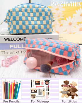 PAZIMIIK Checkered Makeup Bag side view showing zipper