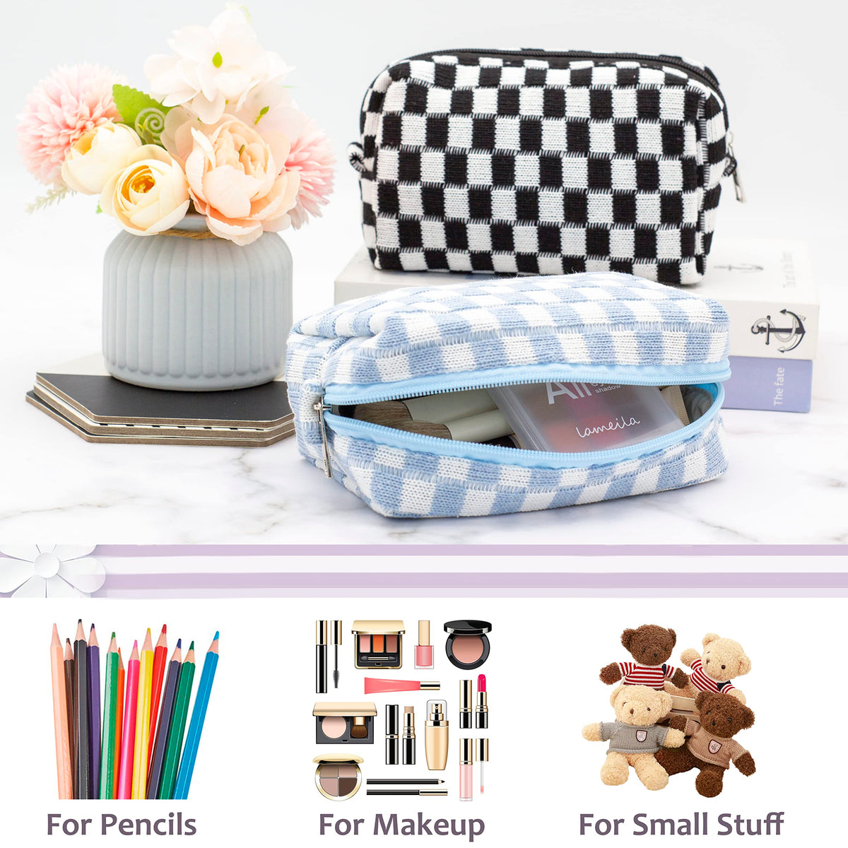 PAZIMIIK Checkered Makeup Bag side view with cosmetics inside