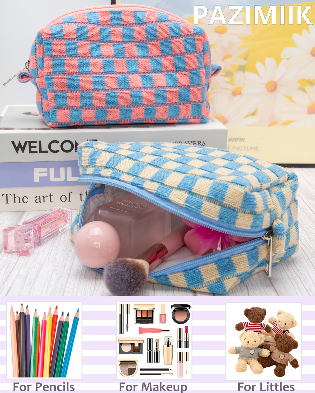 PAZIMIIK Checkered Makeup Bag side view with zipper