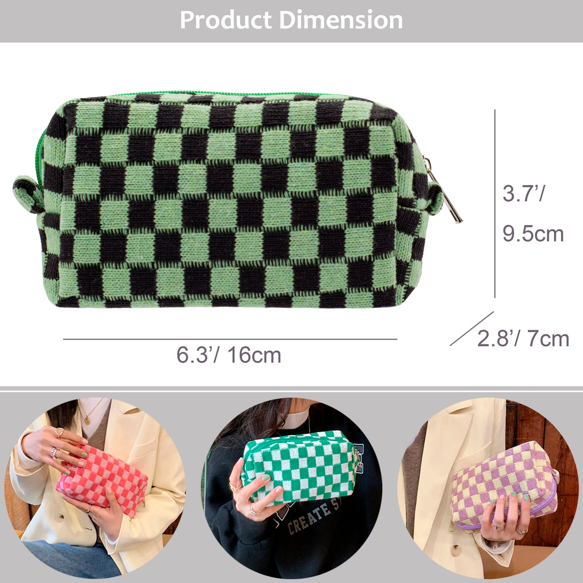 PAZIMIIK Checkered Makeup Bag side view with zipper