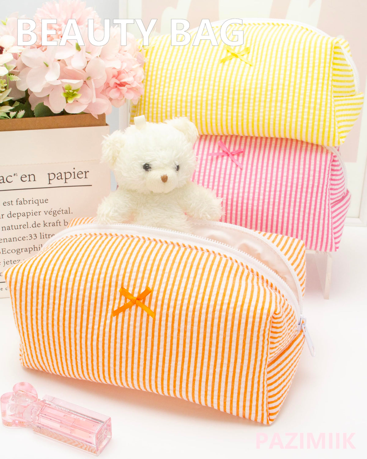 PAZIMIIK Cozy Makeup Bag 6 Pack Stripe Orange in a tote