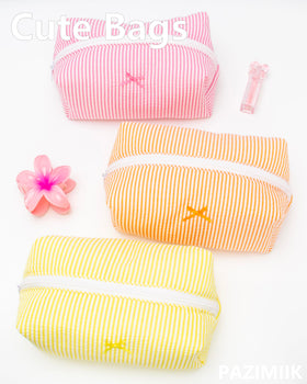 PAZIMIIK Cozy Makeup Bag 6 Pack Stripe Orange with toiletries