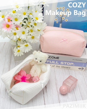 PAZIMIIK Cozy Makeup Bag displayed with beauty products