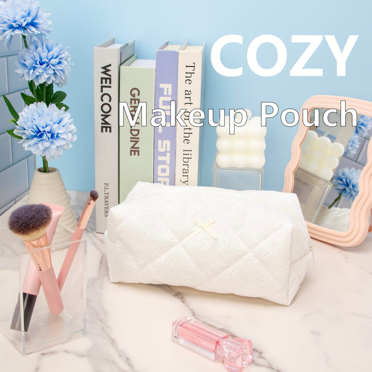 PAZIMIIK Cozy Makeup Bag in a travel setting