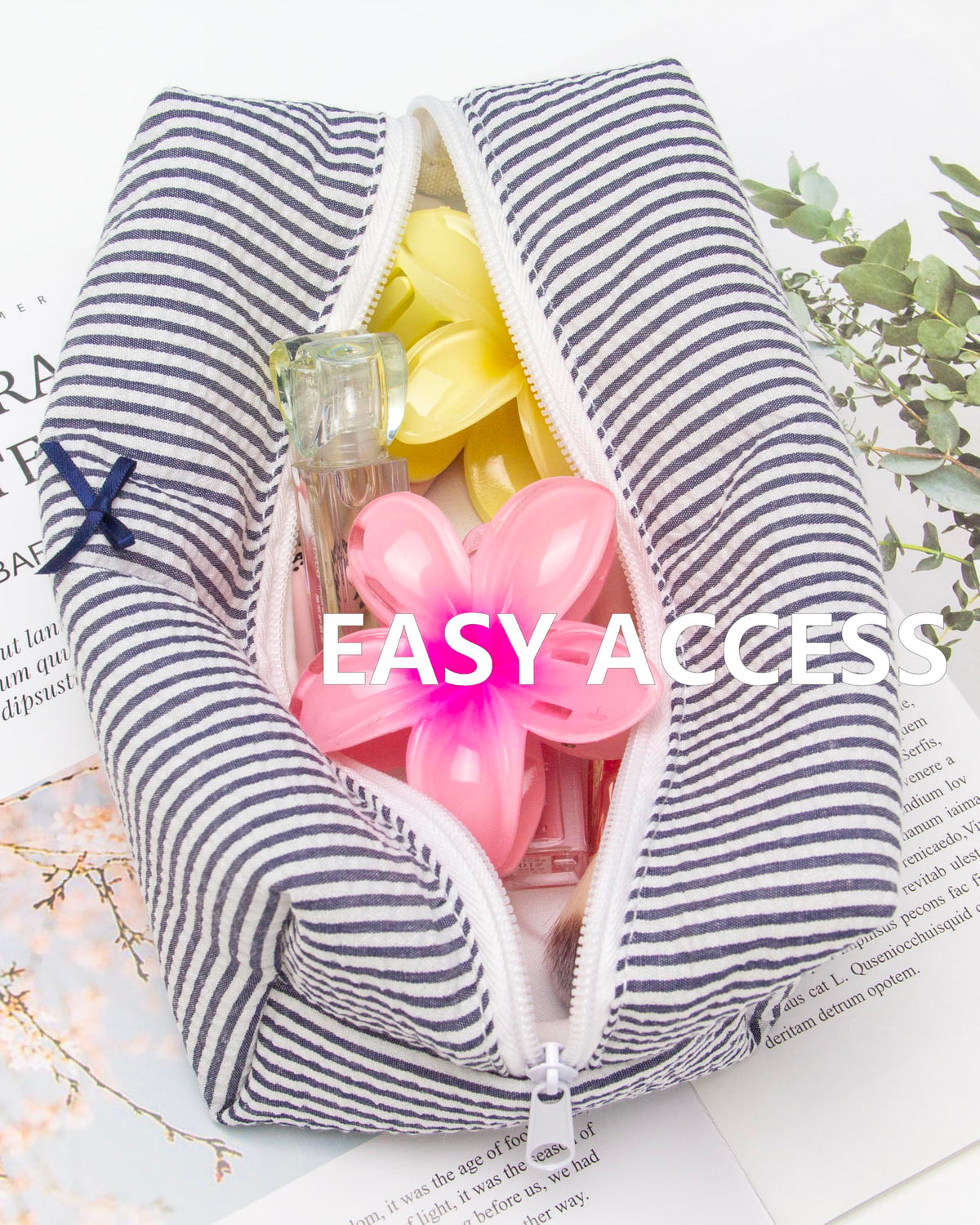 PAZIMIIK Cozy Makeup Bag navy blue stripe side view