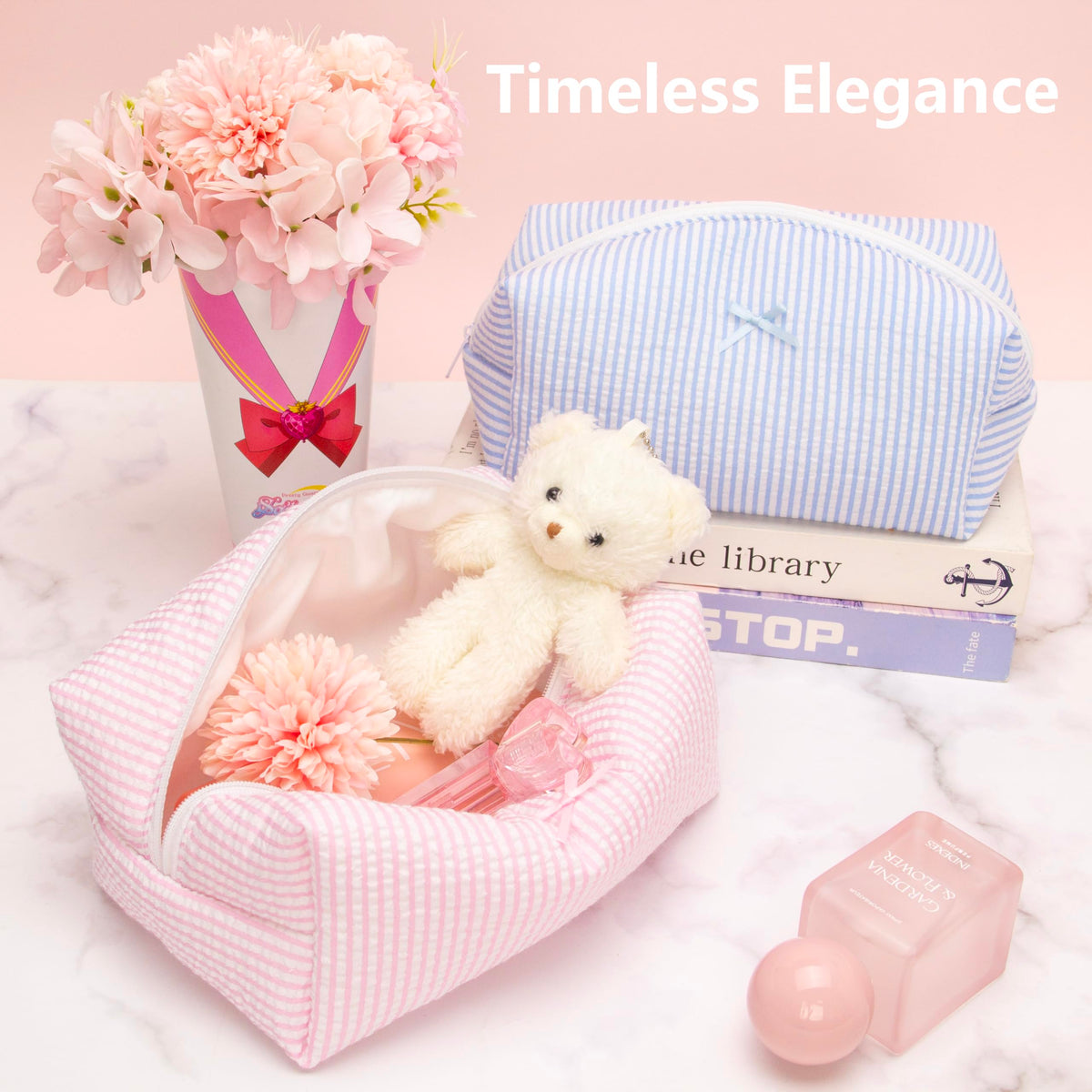PAZIMIIK Cozy Makeup Bag Stripe Ballet Pink interior view with items