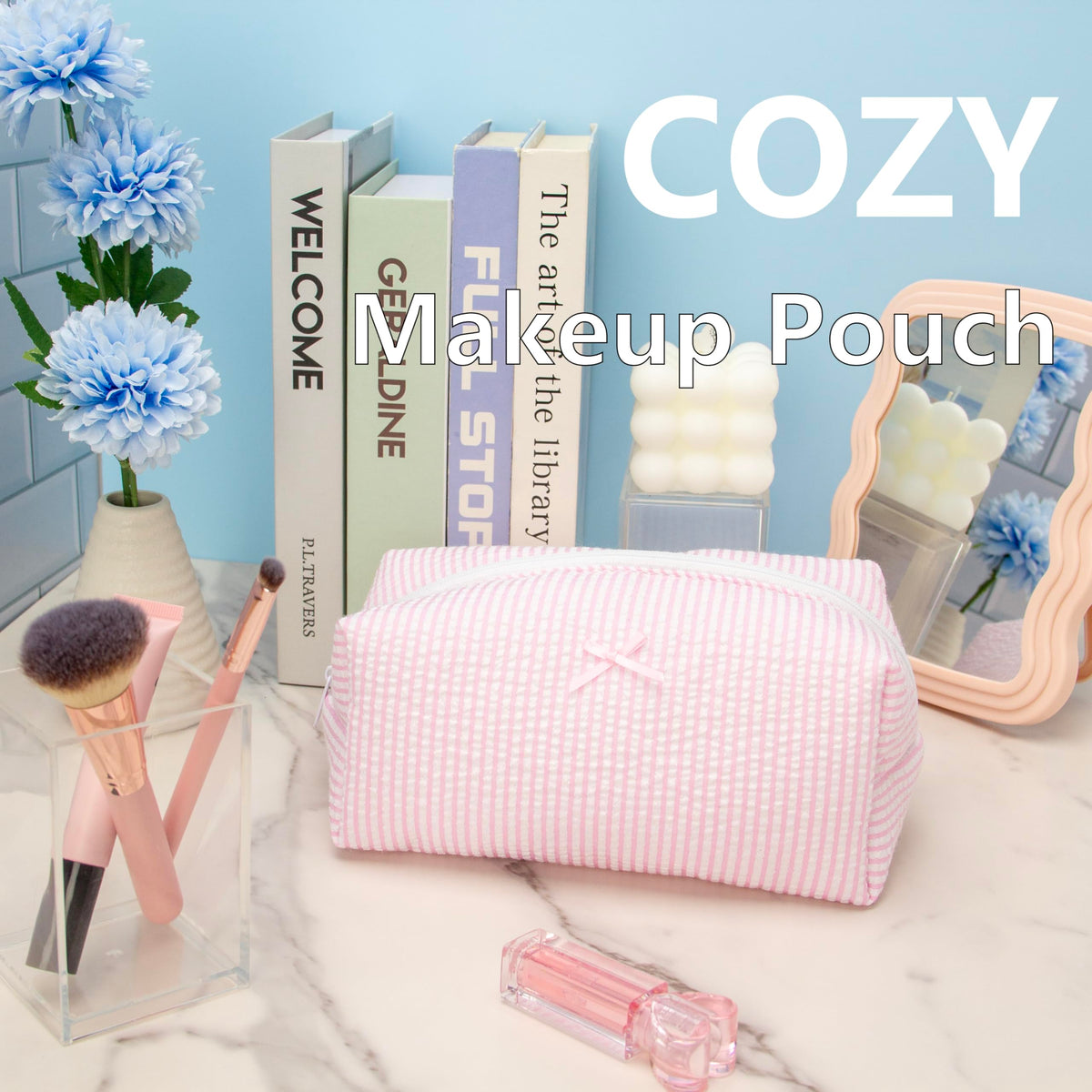 PAZIMIIK Cozy Makeup Bag Stripe Ballet Pink packaging