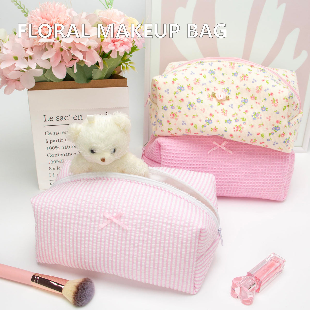 PAZIMIIK Cozy Makeup Bag Stripe Ballet Pink with floral pattern