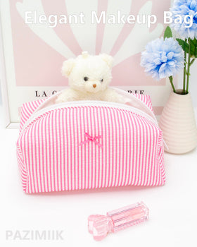 PAZIMIIK Cozy Makeup Bag Stripe Candy Pink on a vanity