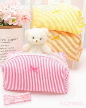 PAZIMIIK Cozy Makeup Bag Stripe Candy Pink side view