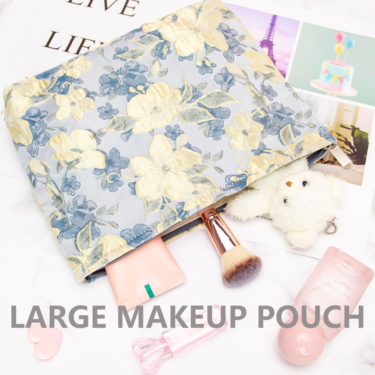 PAZIMIIK Flat Makeup Bag Brocade Blue with various cosmetics