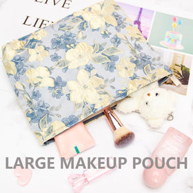 PAZIMIIK Flat Makeup Bag Brocade Blue with various cosmetics