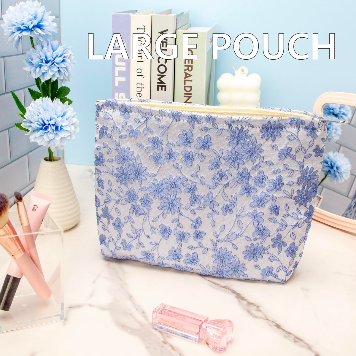 PAZIMIIK Flat Makeup Bag Brocade Silver open showing interior