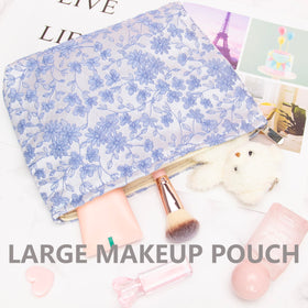 PAZIMIIK Flat Makeup Bag Brocade Silver with cosmetics inside