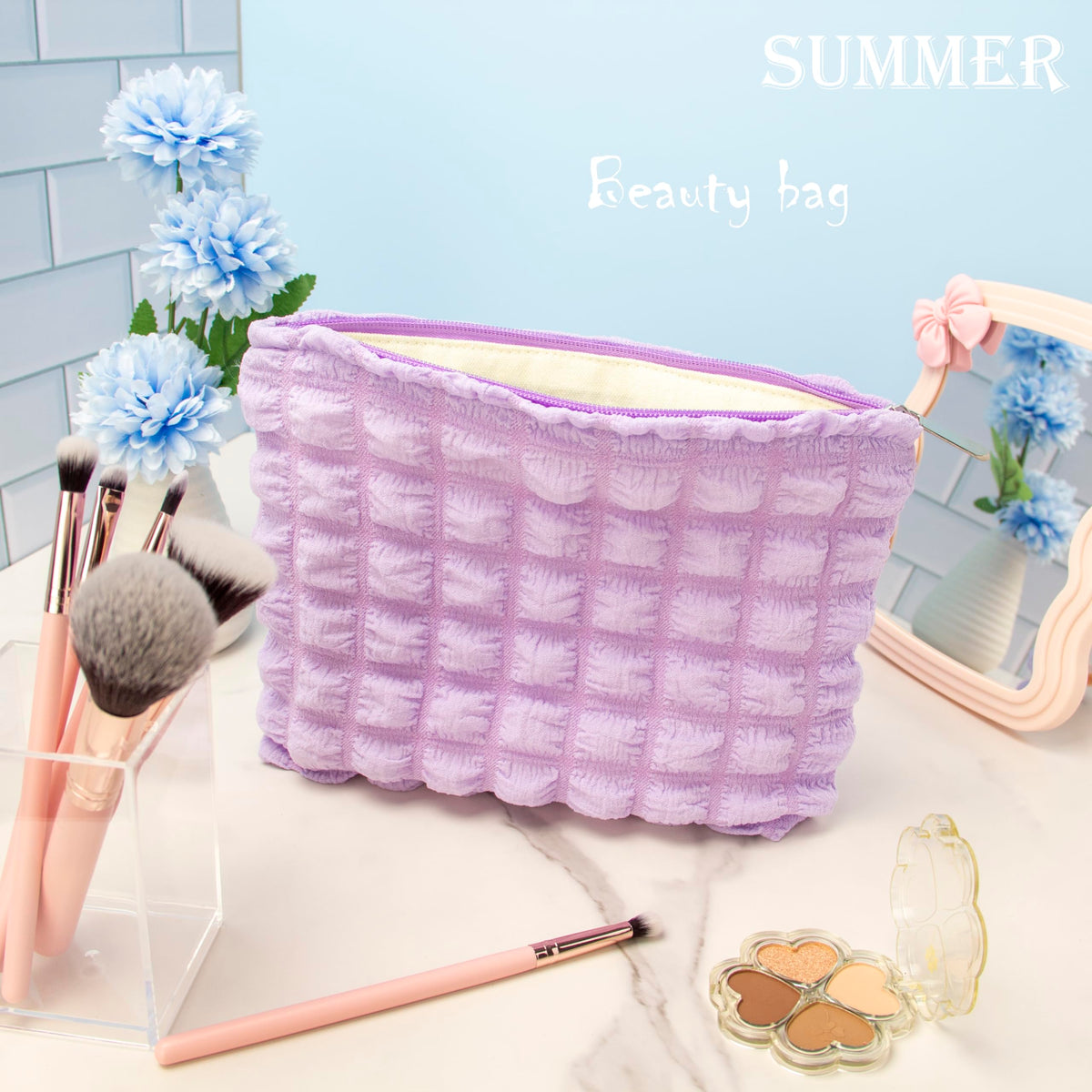 PAZIMIIK Flat Makeup Bag Bubble Purple with open zipper