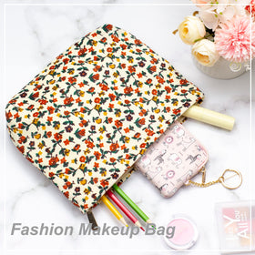 PAZIMIIK Flat Makeup Bag Floral White with cosmetics inside