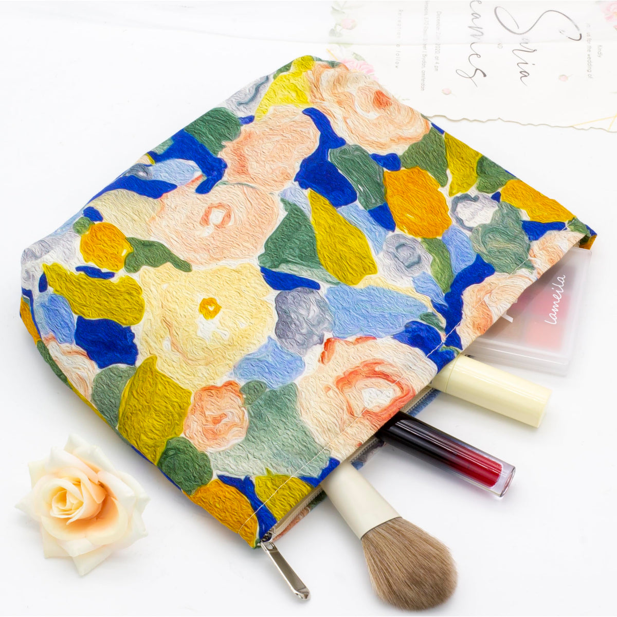 PAZIMIIK Flat Makeup Bag Garden Blue interior close-up