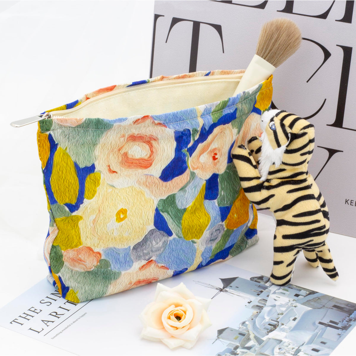 PAZIMIIK Flat Makeup Bag Garden Blue side view