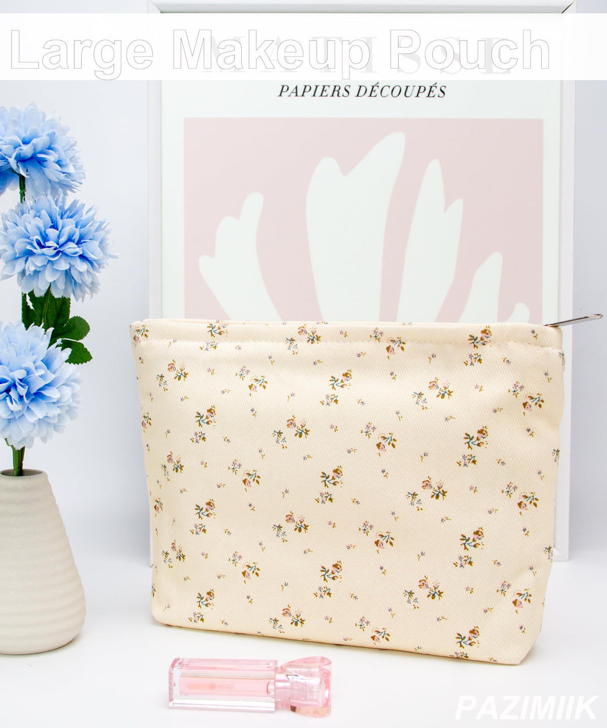 PAZIMIIK Flat Makeup Bag in Flower Beige side view