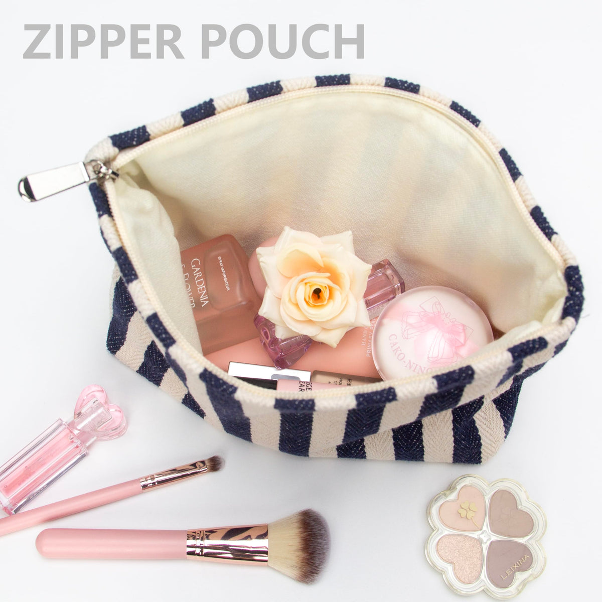 PAZIMIIK Flat Makeup Bag Navy Blue interior with cosmetics