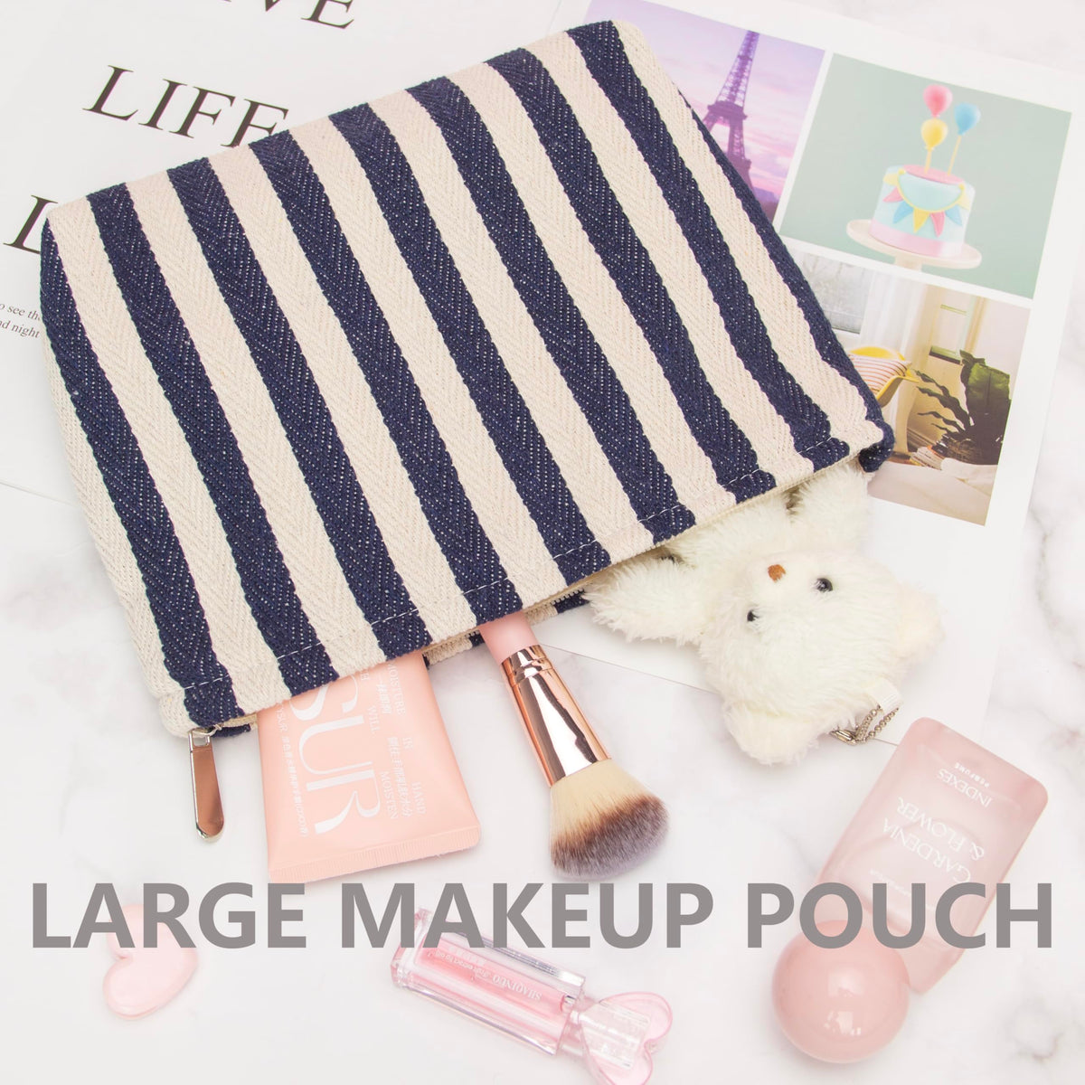 PAZIMIIK Flat Makeup Bag Navy Blue on a table