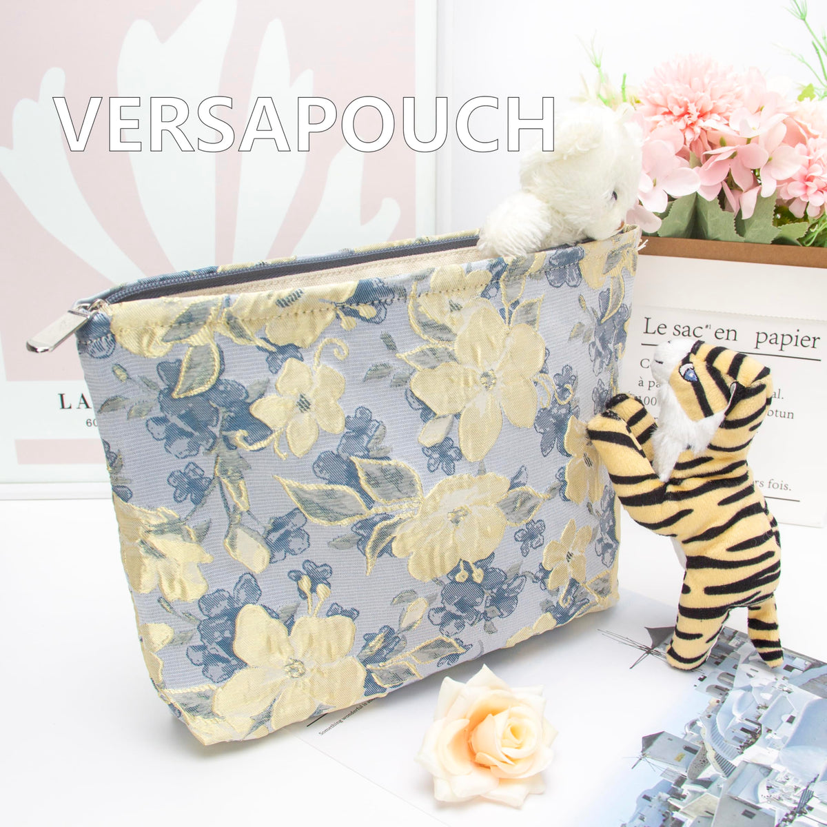 PAZIMIIK Flat Makeup Bag on a desk with beauty products