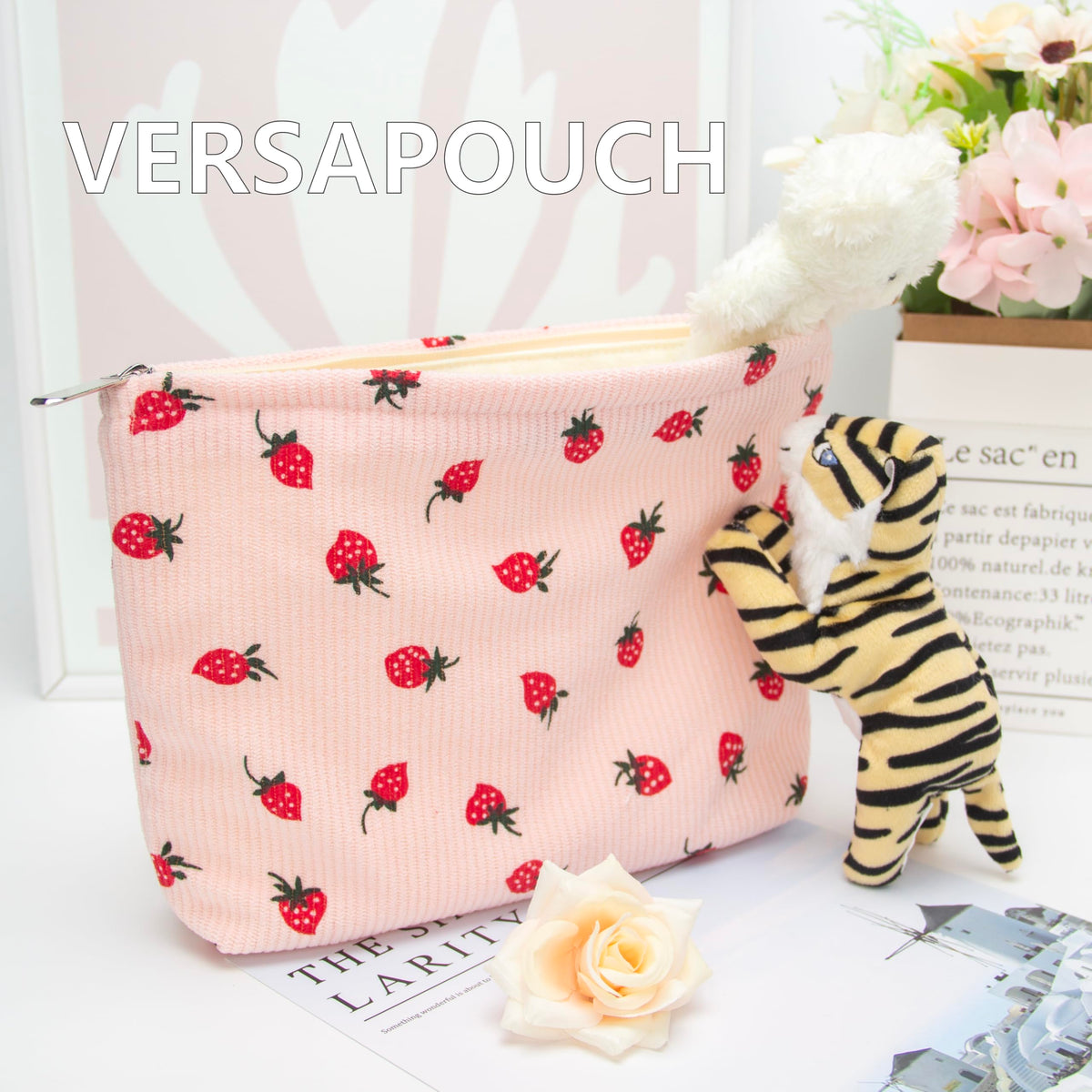 PAZIMIIK Flat Makeup Bag Strawberry Pink lifestyle scene