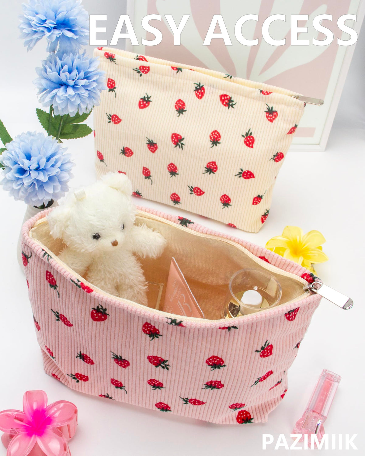 PAZIMIIK Flat Makeup Bag Strawberry Pink open with cosmetics