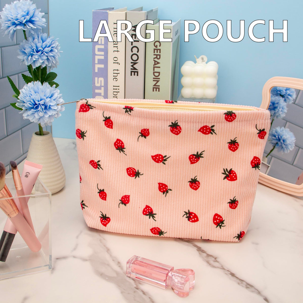 PAZIMIIK Flat Makeup Bag Strawberry Pink packaging