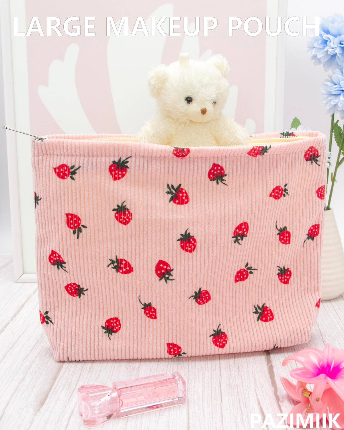 PAZIMIIK Flat Makeup Bag Strawberry Pink side view