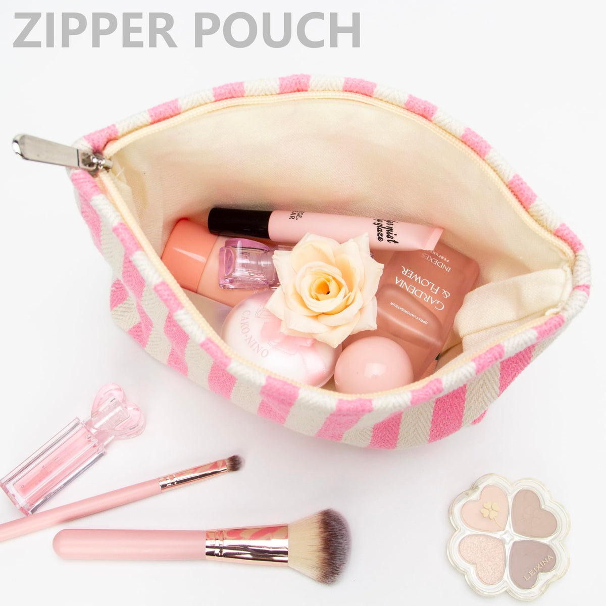 PAZIMIIK Flat Makeup Bag Stripe Pink interior view