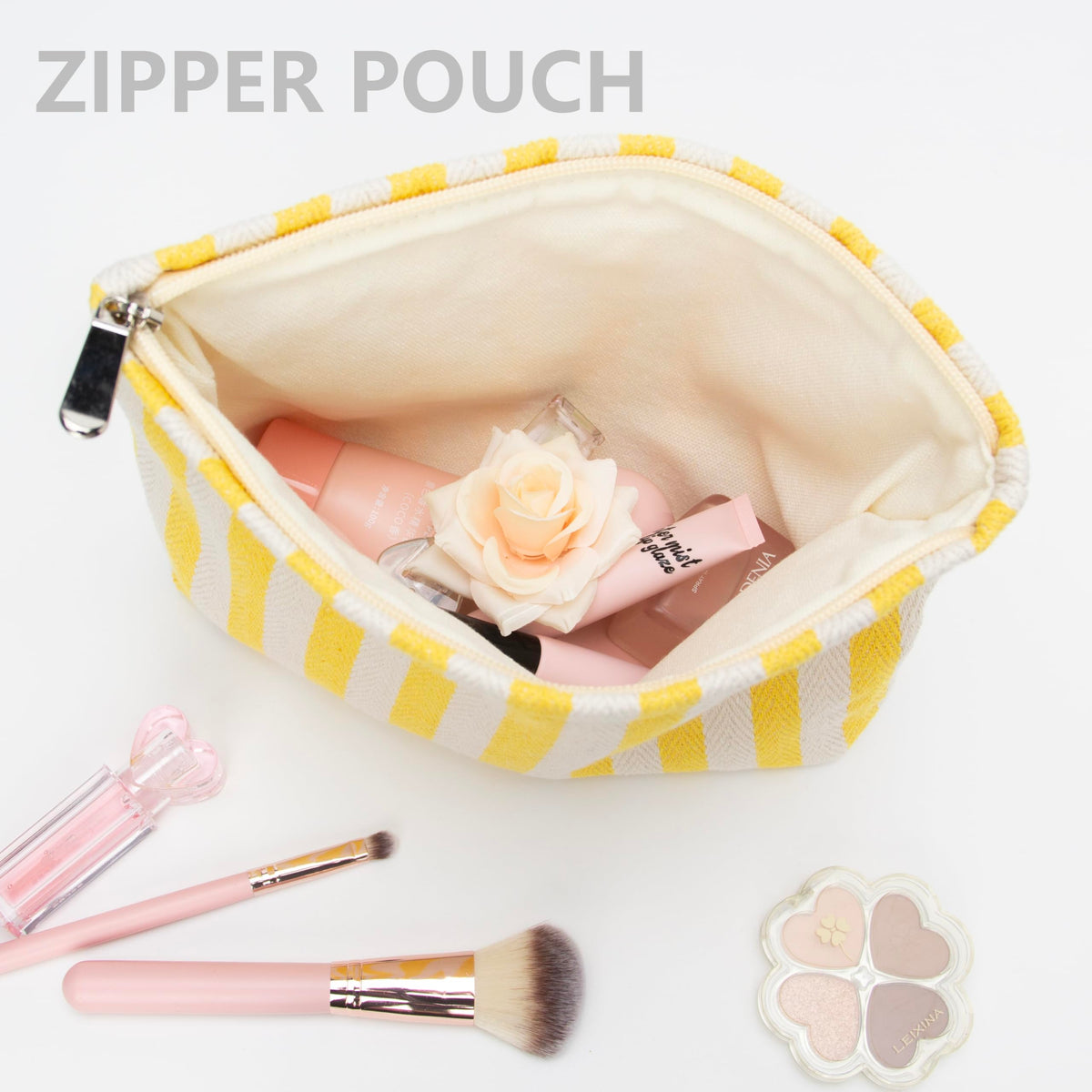 PAZIMIIK Flat Makeup Bag Stripe Yellow in a handbag
