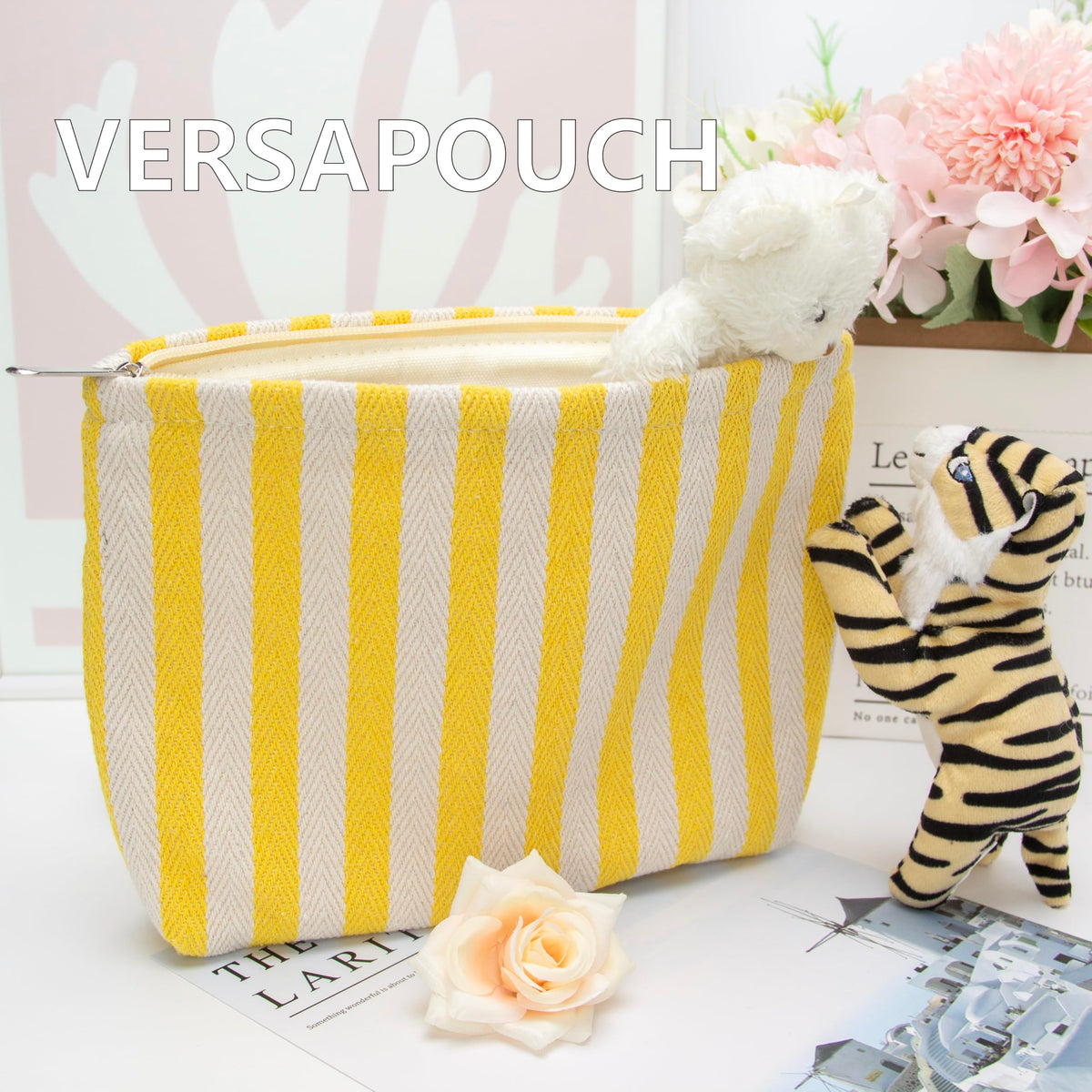 PAZIMIIK Flat Makeup Bag Stripe Yellow with accessories